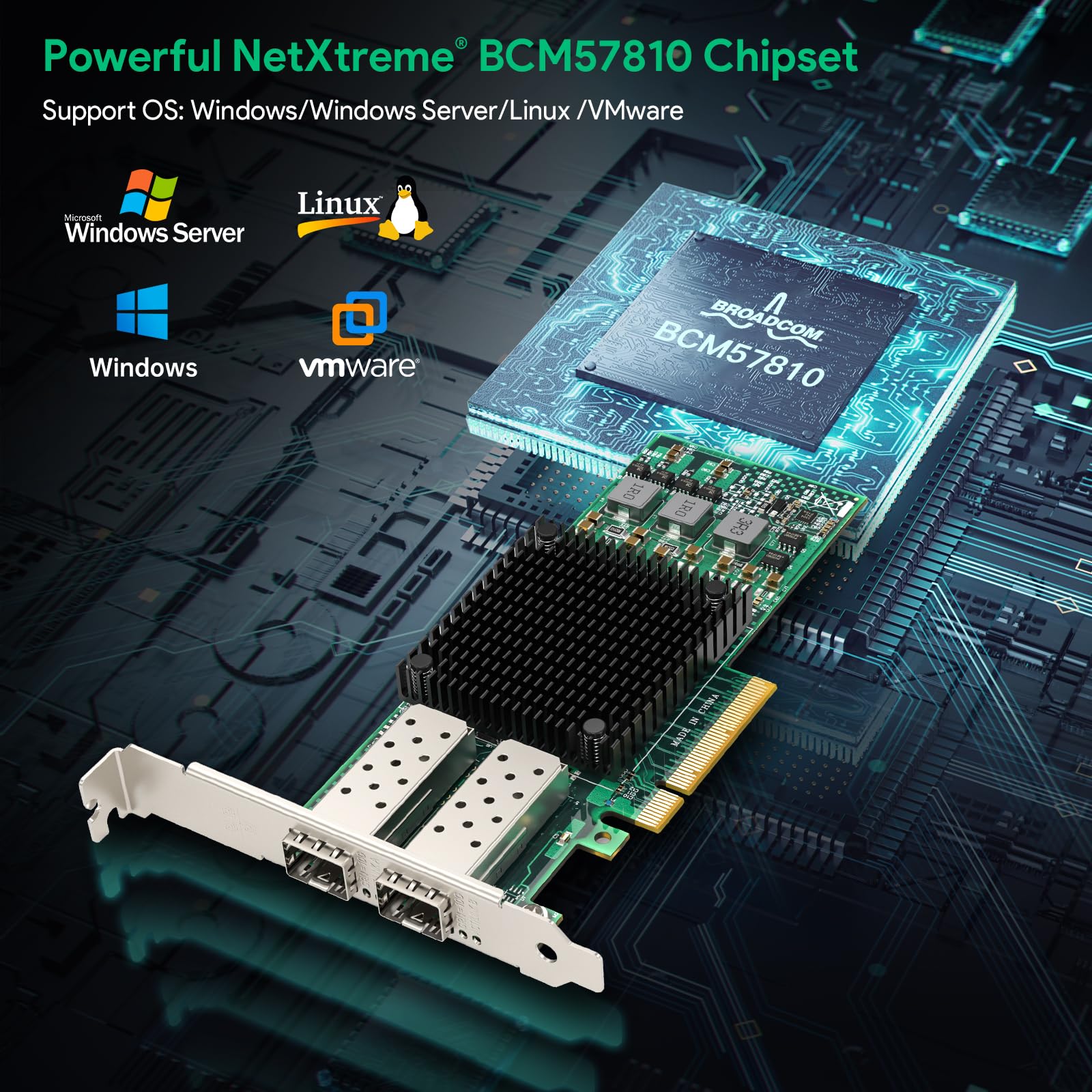 10Gb PCI-E Network Card NIC with Broadcom BCM57810S Chipset, Dual SFP+ Fiber Port, PCI Express X8, Support Windows Server/Linux/VMware