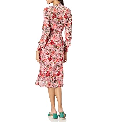 Tommy Hilfiger Women's Petite Long Sleeve Smocking Detail Chiffon Fabric Dress, Samba Multi