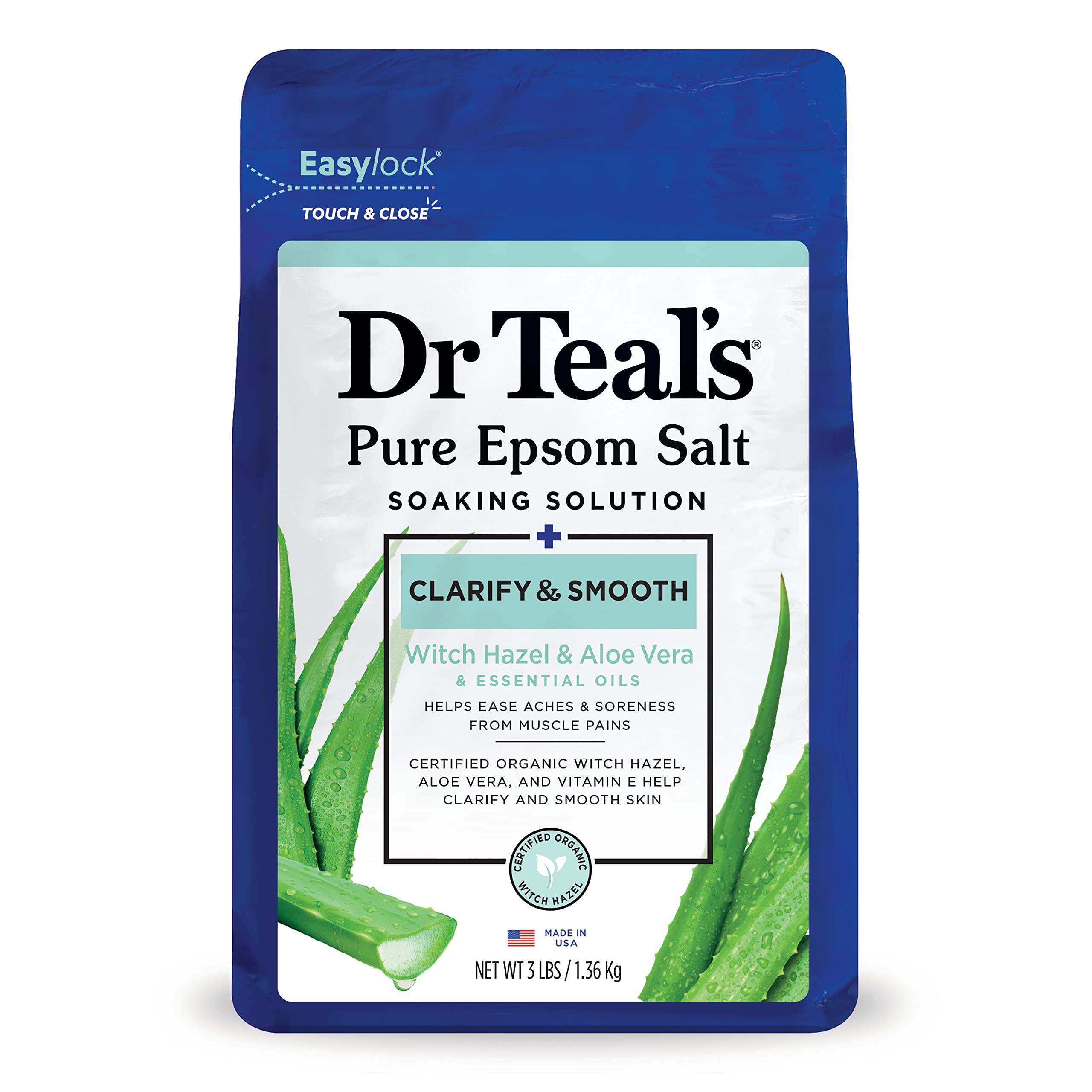 Dr Teal's Pure Epsom Salt, Clarify & Smooth with Witch Hazel & Aloe Vera, 3lbs (Packaging May Vary)