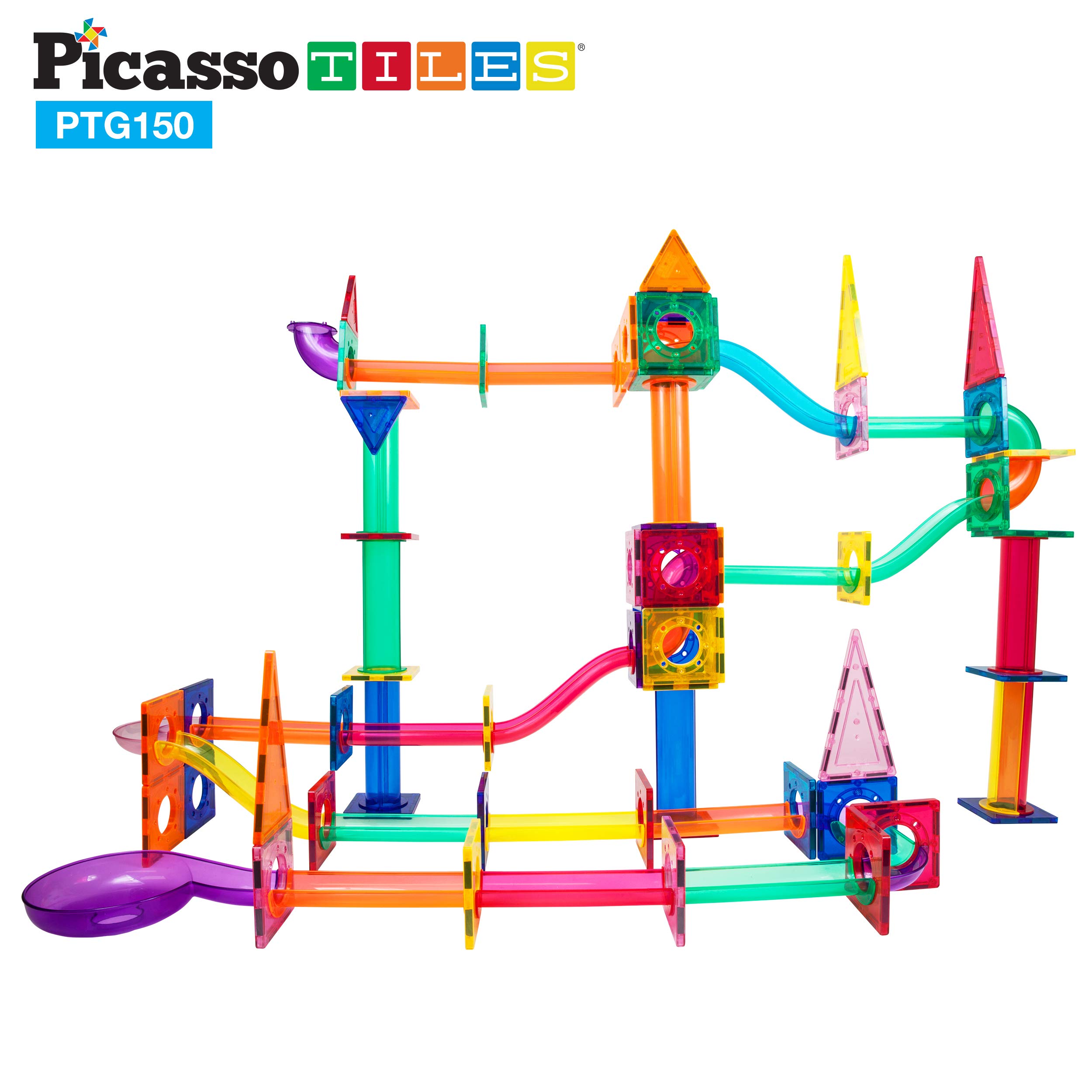 PicassoTiles Marble Run 150-Piece Magnetic Tile Race Track Toy Play Set STEM Building & Learning Educational Magnet Construction Kit Child Brain Development Toys Boys Girls Age 3 4 5 6 7 8+ Years Old