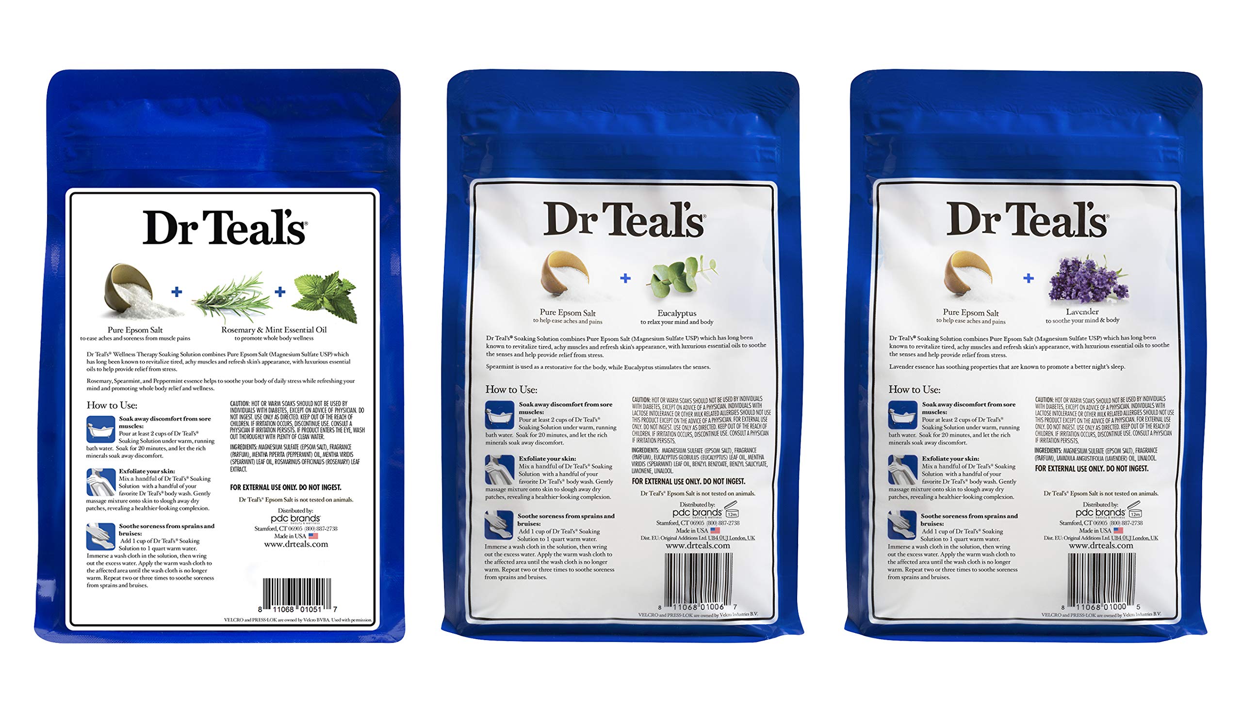 Dr. Teal's Epsom Salt Bundle, 3 Items: 1 Relax & Relief Eucalyptus Spearmint, 1 Sooth & Sleep Lavender and 1 Therapy & Relief Rosemary and Mint, 48 Ounce each, 1 Set