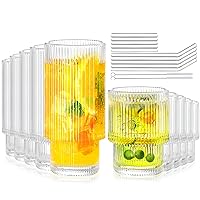 10Pcs Ribbed Glass Cups - Highball Glasses & Small Water Drinking Glasses, Vintage Fluted Glassware Sets for Iced Coffee Whiskey Cocktail, Unique Cute Gifts with Straws & Cleaning Brush
