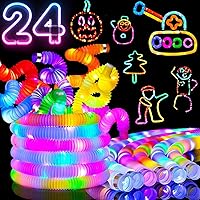 Party Favors for Kids 24-Pack Light Up Glow Sticks Fidget Pop Tubes Toddler Sensory Toys Bulk, Goodie Bag Stuffer Fillers, Birthday Return Gifts Treat Prizes, LED Glow in The Dark Party Supplies