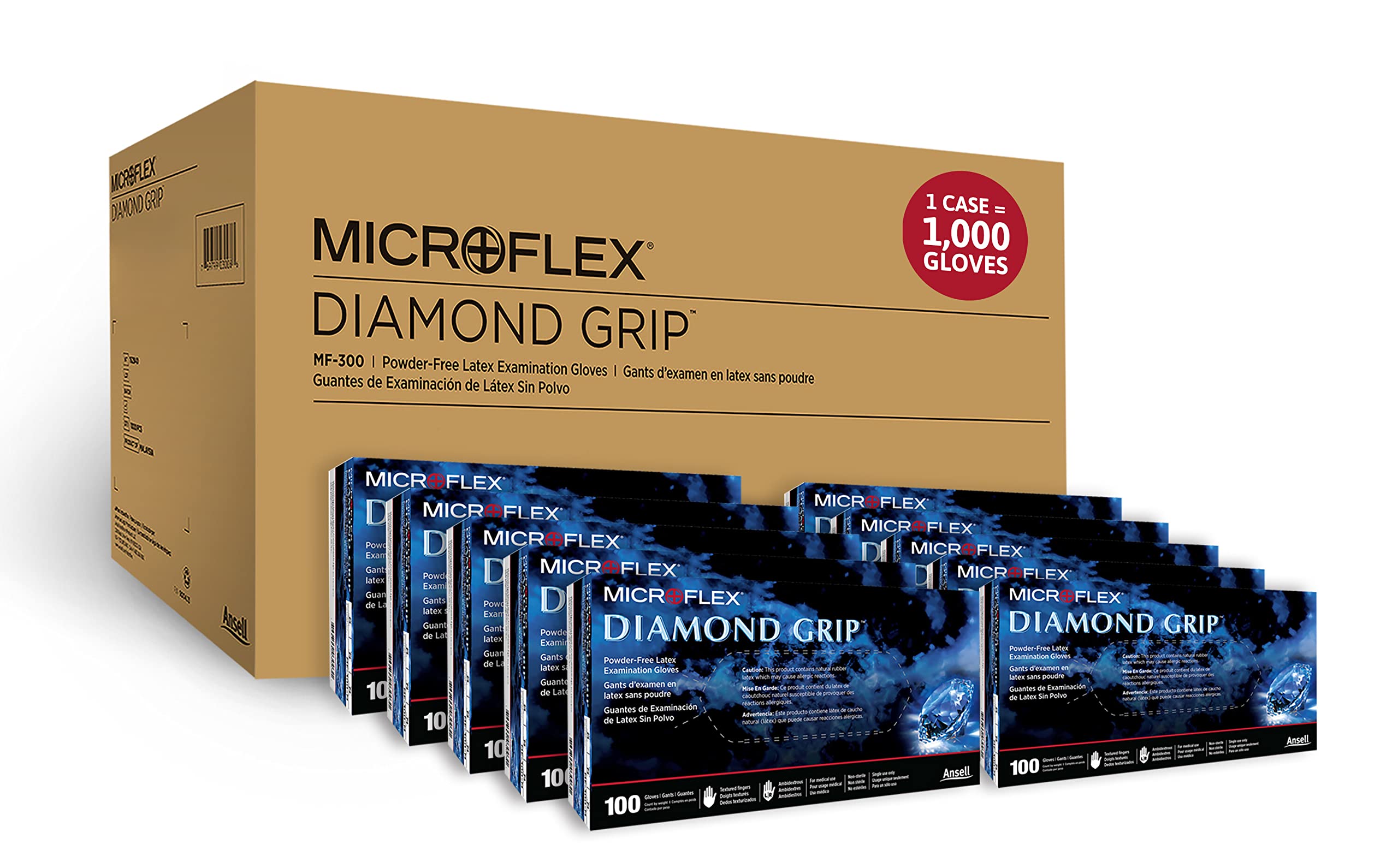 Microflex Diamond Grip MF-300 Disposable Latex Gloves for Automotive, Machinery Industries - Medium, Natural Clear (Case of 1000)