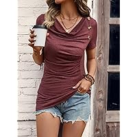 Women's T-Shirt Button Detail Cowl Neck Ruched Tee Women's T-Shirt (Color : Burgundy, Size : X-Large)