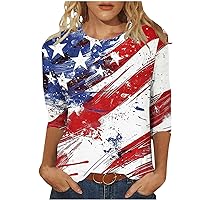 3/4 Sleeve Shirts Women Funny 4th of July Tee Tops USA Flag Stars Stripes Blouse Casual Crewneck Vintage T-Shirts