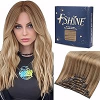 Fshine Clip in Hair Extensions for Women 18 Inch Golden Brown Fading to Dark Ash Blonde and Blonde Ombre Clip in Human Hair Extensions Double Weft Clip in Hair Extensions Remy Hair 7pcs 120 Grams