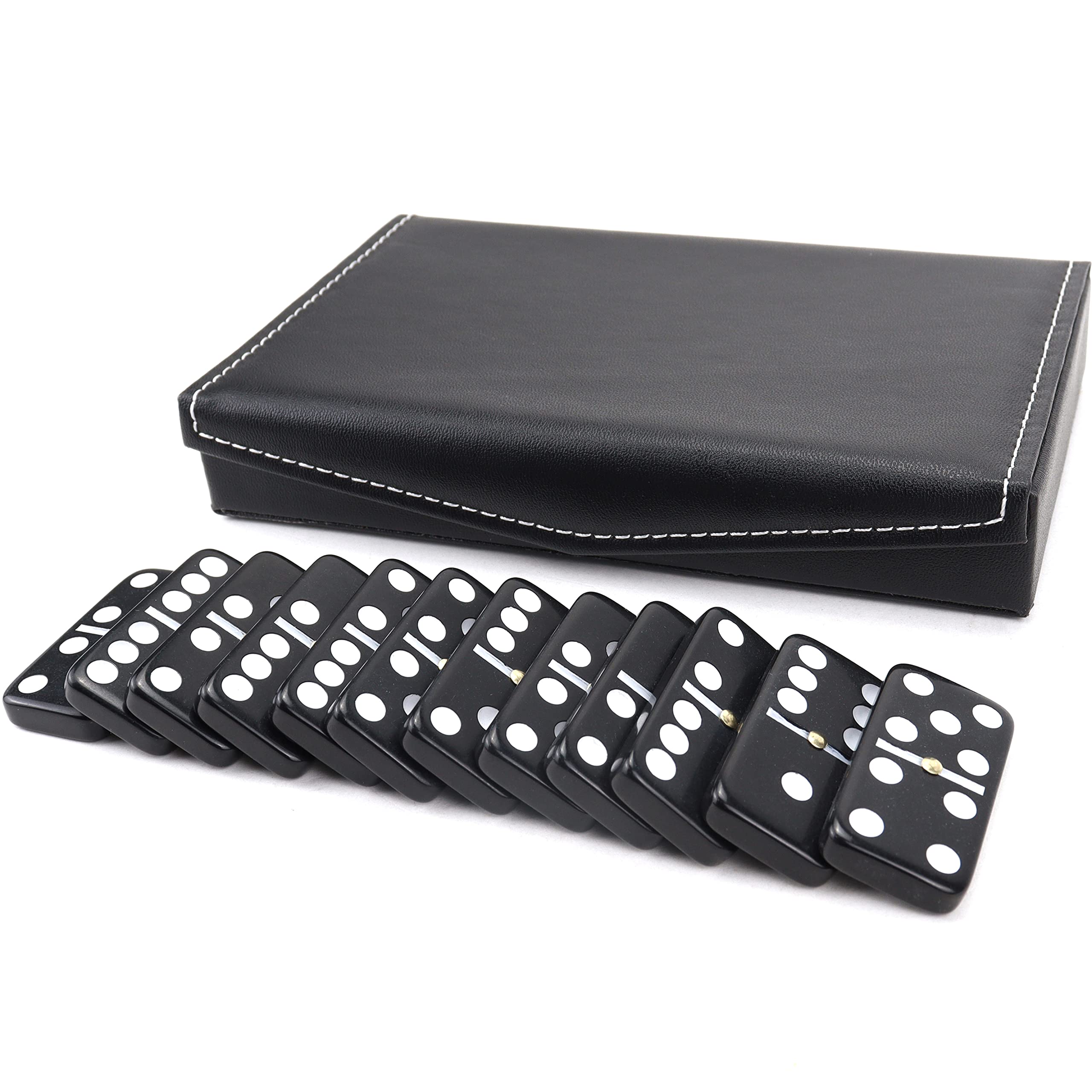 Queensell Dominoes Set for Adults - Domino Set for Classic Board Games - Dominoes Double 6 for Family Games - Double Six Standard Dominos Set 28 Tiles with Black Leather Case