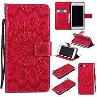 (T Cat) iPhone 7Plus Case,Embossed Totem Sun Flower PU Leather [with Lanyard Strap/Rope] Credit Card/Cash Holder Slots Wallet Stand Flip Fashion Slim Fit Protective Case Cover+stylus.--Red