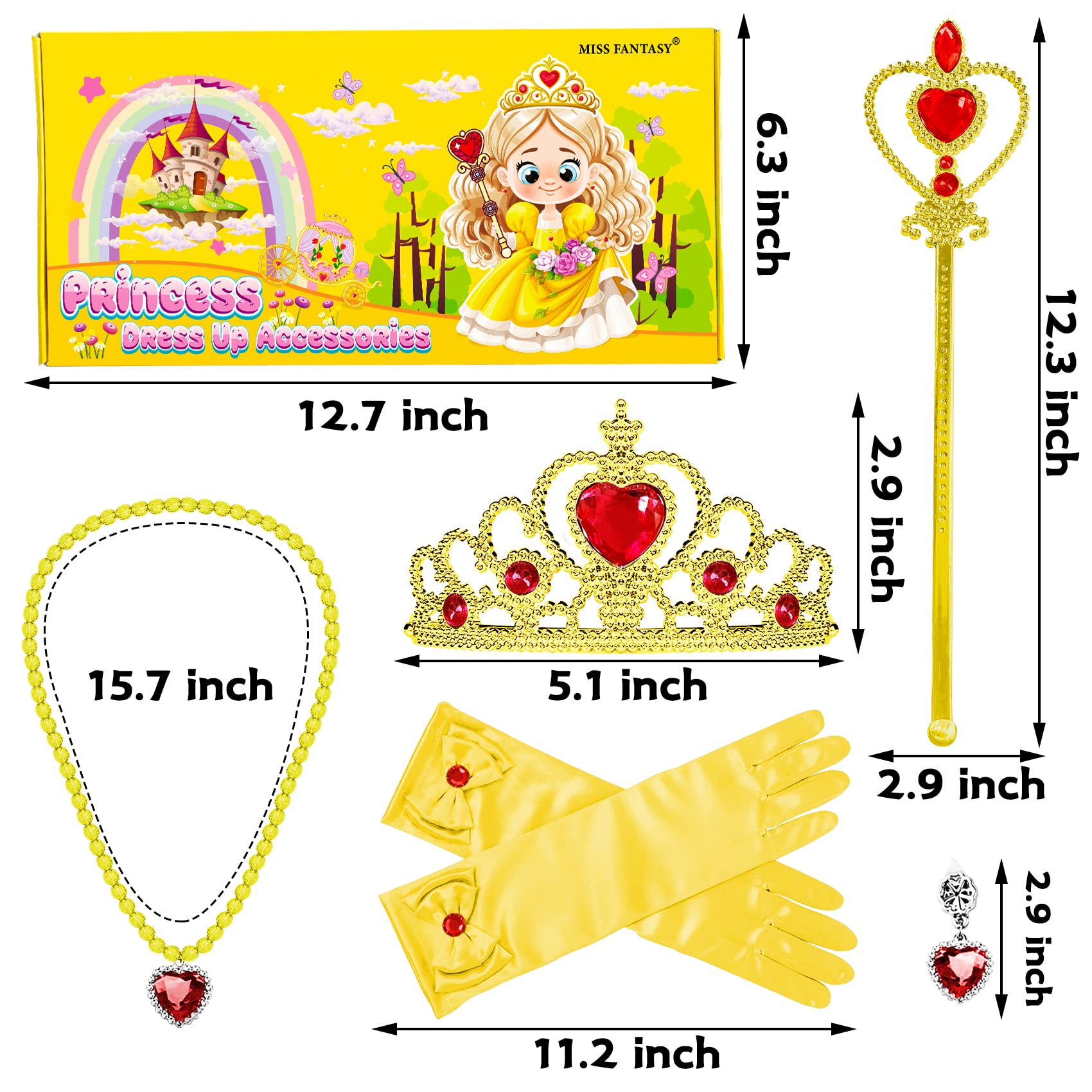 MISS FANTASY Princess Dress Up Accessories,Cosplay Accessories for Kids Girls, Princess Dressed up Crown,Wand,Gloves,Necklace,Earrings,Bracelet Gift Sets for Little Girls Halloween Party Cosplay Set