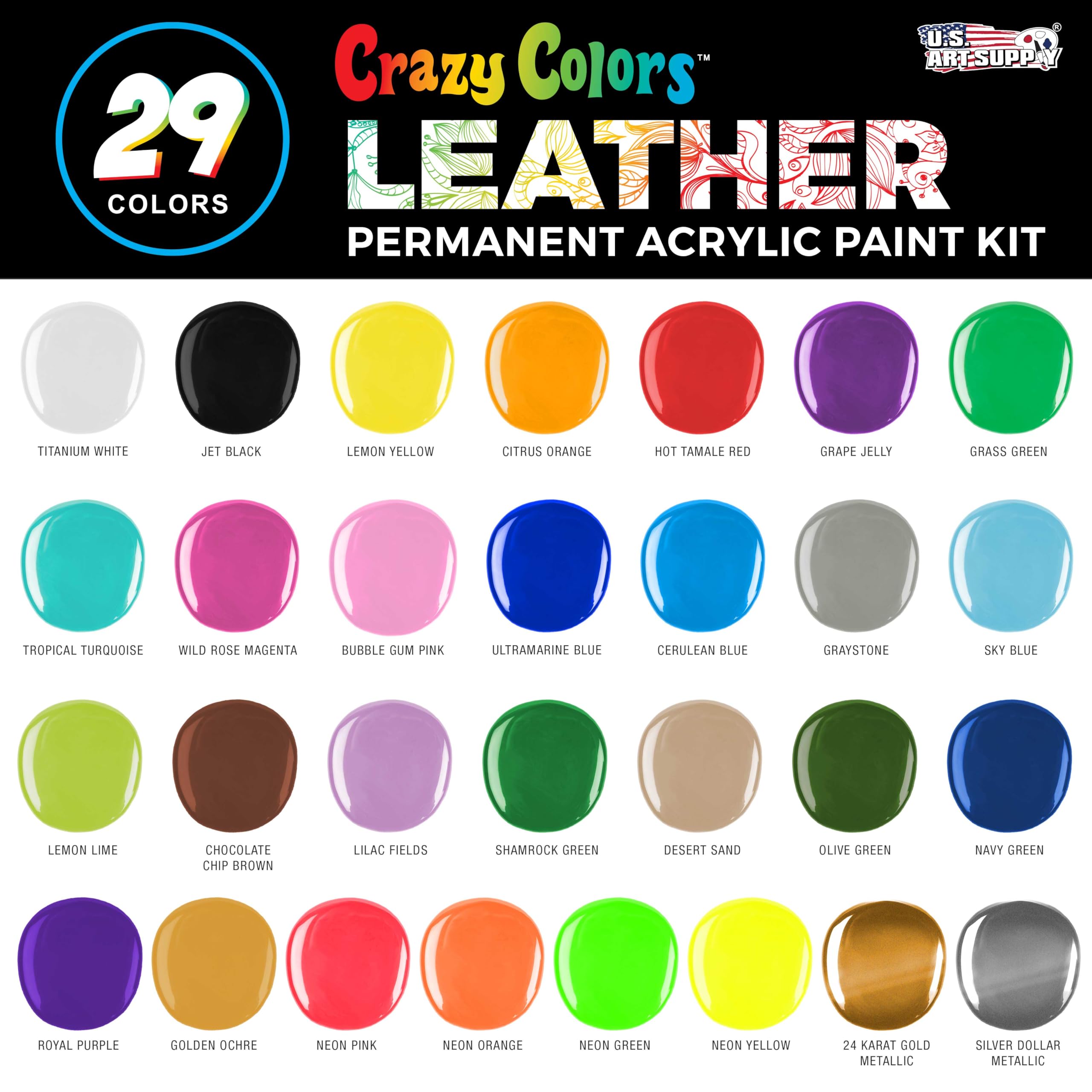 Crazy Colors Premium Acrylic Leather and Shoe Paint Kit, 29 Colors, Deglazer, 4-Piece Brush Set - 1 oz Bottles, Opaque, Metallic, Neon - Flexible, Scratch Resistant - Sneakers, Jackets, Bags Purses