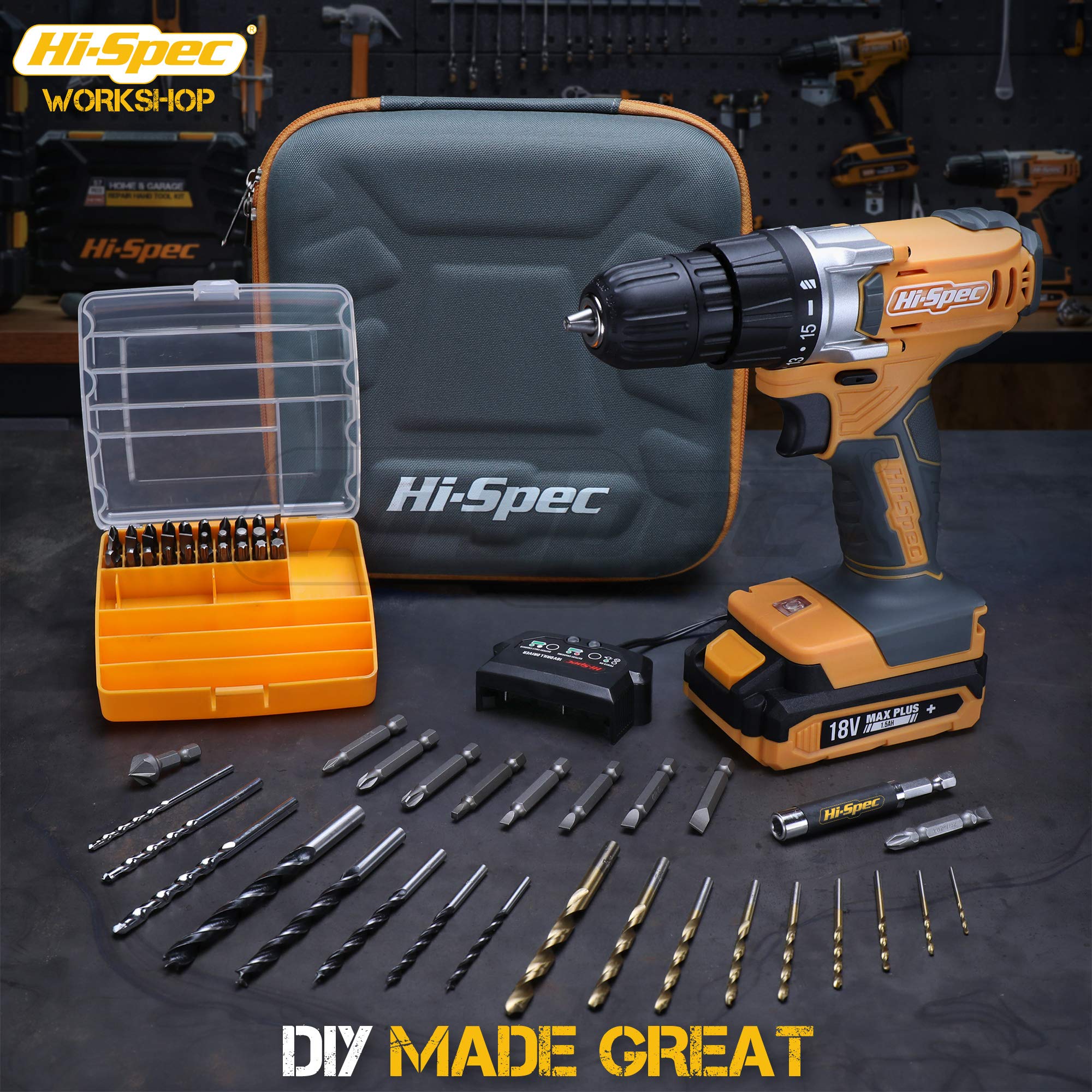 Hi-Spec 58pc Yellow 18V Cordless Power Drill Driver, Bit Set & Case. Complete Home & Garage DIY Tool