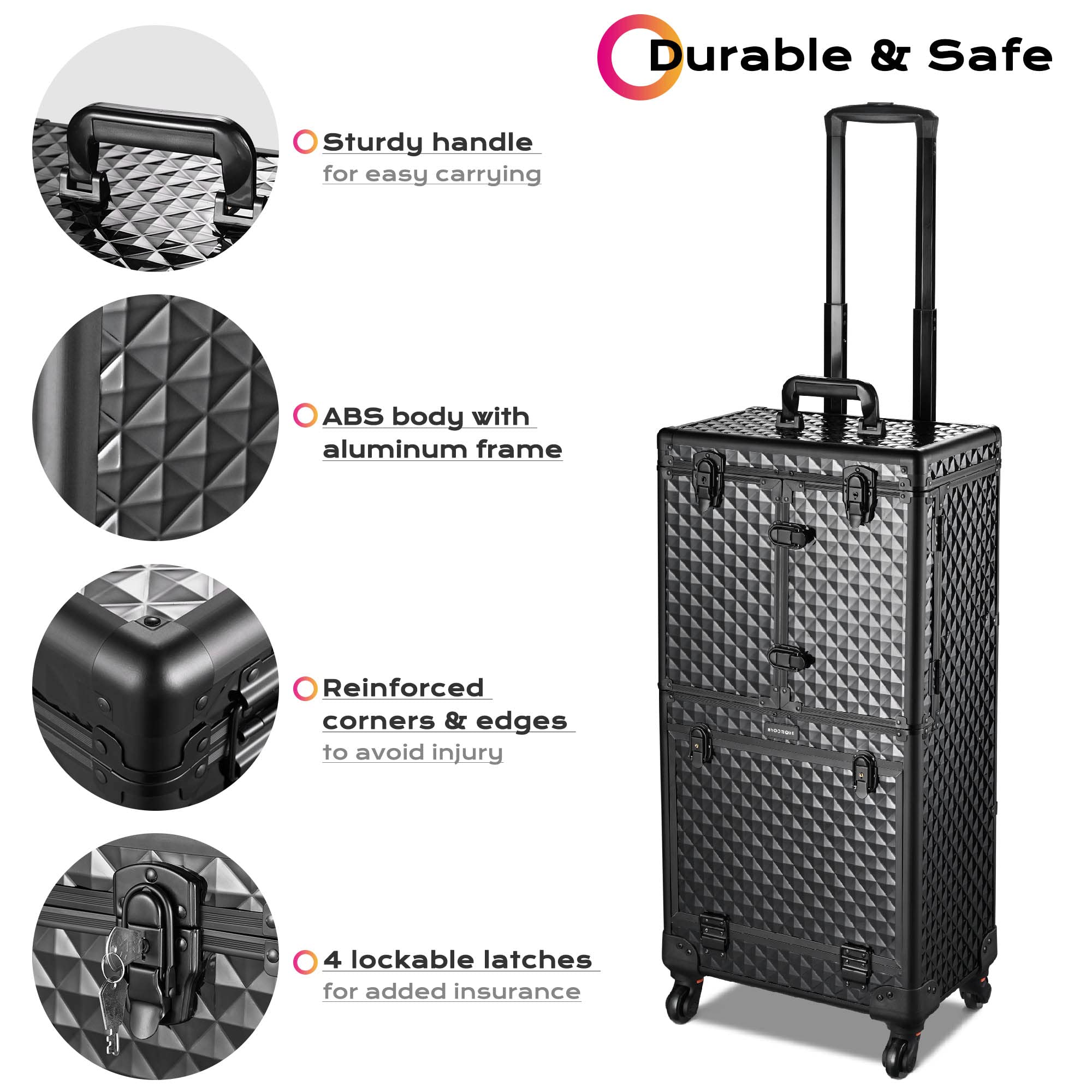 BYOOTIQUE Rolling Makeup Case Trolley with Mirror Cosmetic Organizer Stroage Hair Stylist Barber Extendable Tray Hairdressing Beauty Salon Lockable