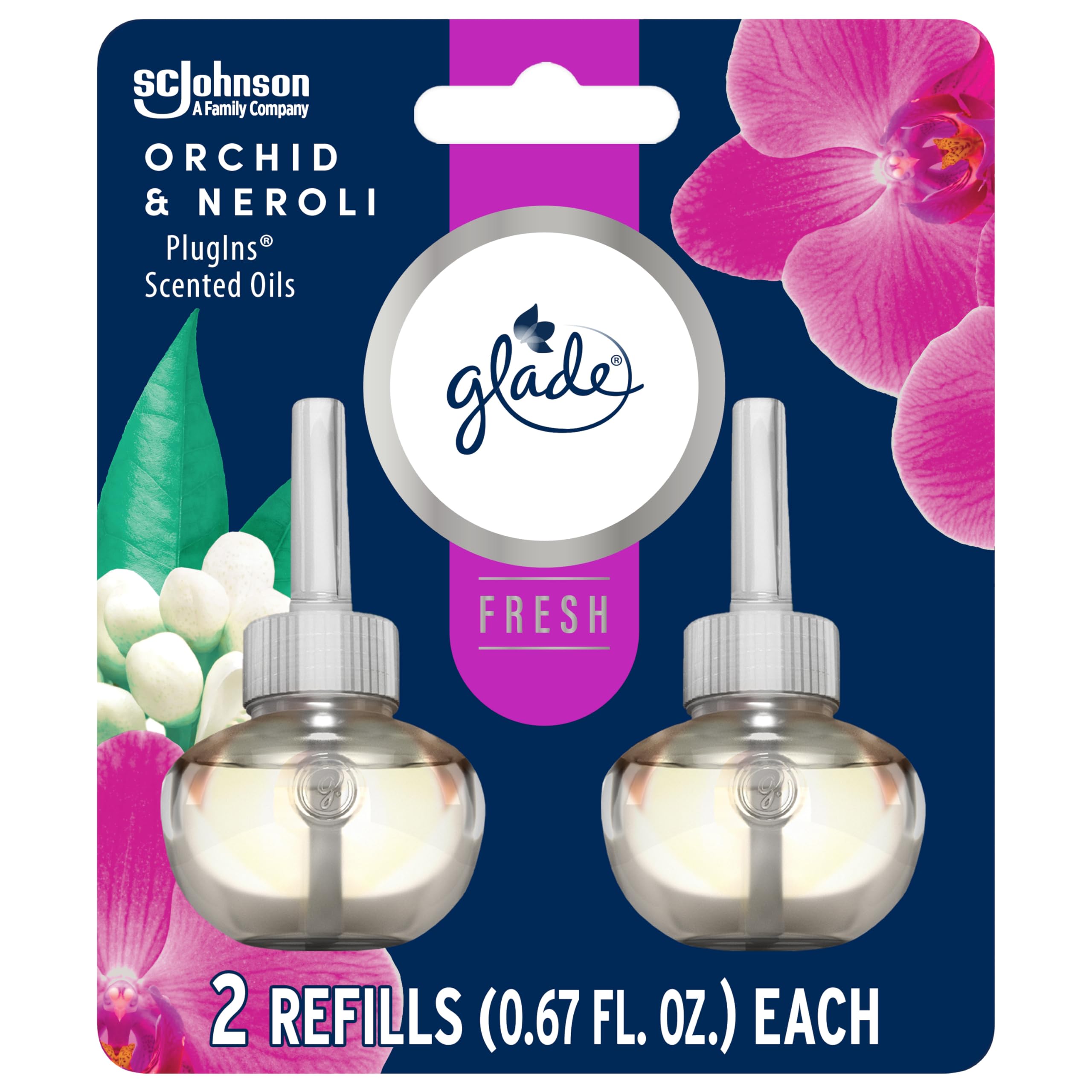 Glade PlugIns Refills Air Freshener, Scented and Essential Oils for Home and Bathroom, Orchid & Neroli, Fresh Collection 1.34 Fl Oz, 2 Count