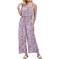 RAISEVERN Jumpsuits for Women Summer Sleeveless Allover Print Cami Romper Wide Leg Jumpers Vacation Outfits with Pockets