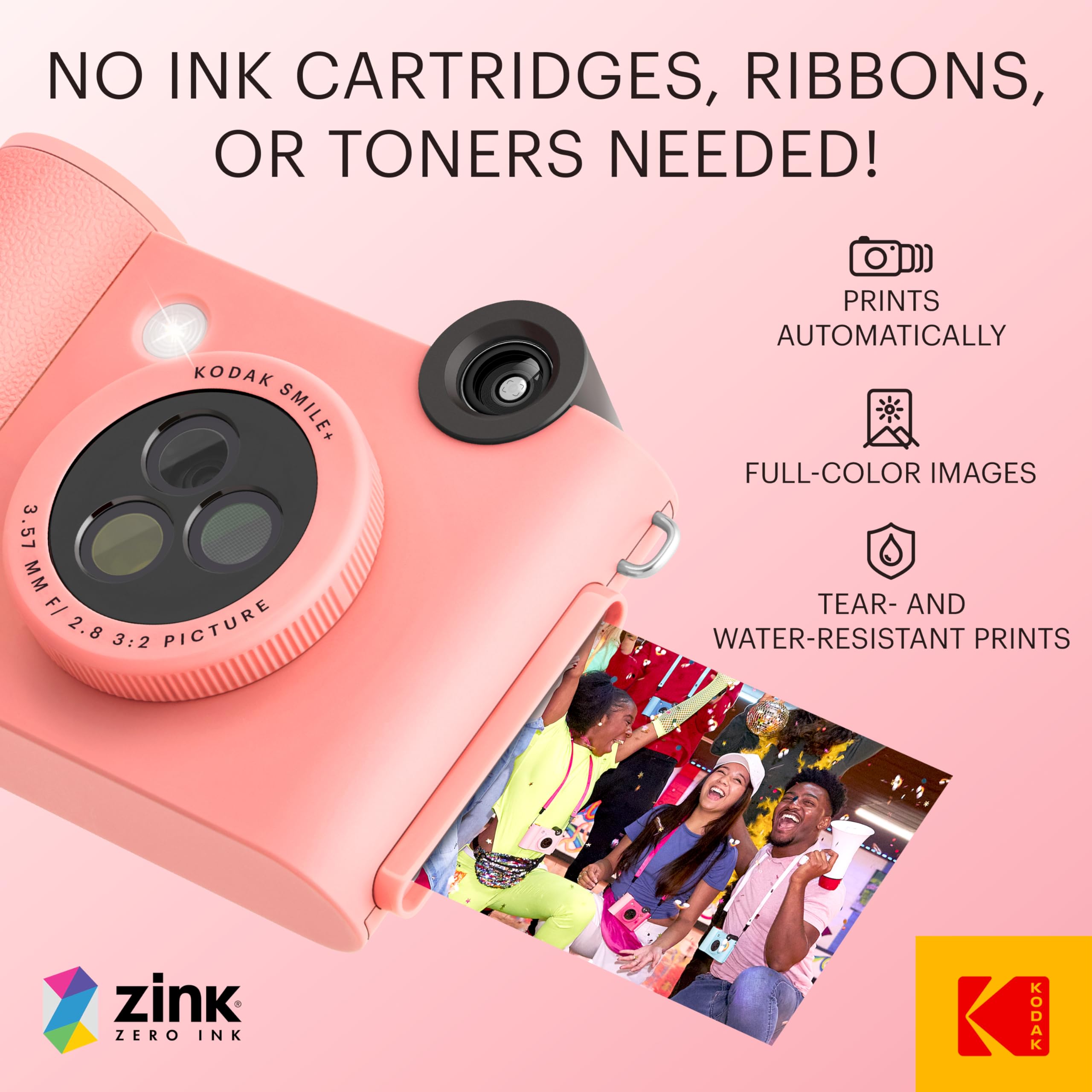 KODAK Smile+ Wireless Digital Instant Print Camera with Effect-Changing Lens, 2x3” Sticky-Backed Photo Prints, and Zink Printing Technology, Compatible with iOS and Android Devices - Pink