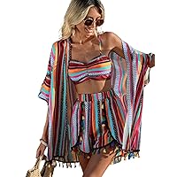 Verdusa Women's 3 Piece Outfits Short Sleeve Open Front Kimono and Boho Cami Top and Tassel Trim Tropical Shorts Set