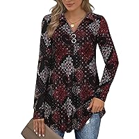 Womens Long Sleeve Casual Lapel V Neck Pullover Tunic Blouse Tops with Buttons