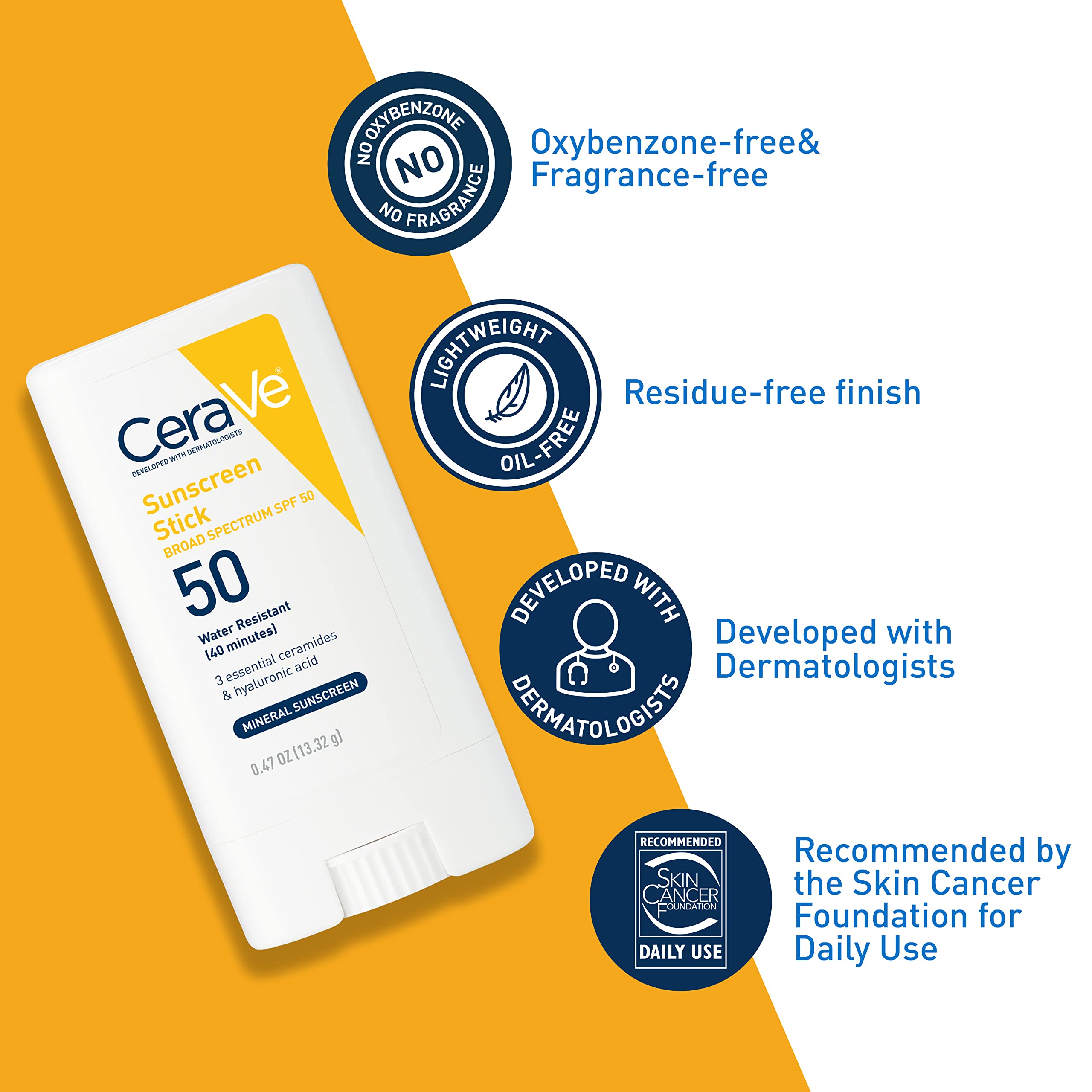 CeraVe Mineral Sunscreen Stick for Kids & Adults | 100% Mineral Sunscreen, Zinc Oxide & Titanium Dioxide with Hyaluronic Acid and Ceramides | Broad Spectrum SPF 50 | Fragrance Free | 0.47 Ounce