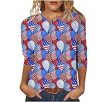 American Flag 3/4 Sleeve T-Shirt Women 4th of July Patriotic Shirts Stars Stripes Graphic Tee Tops Crewneck Tunic