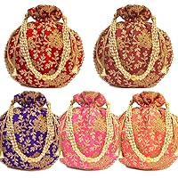Indian Embroidered Multicolor Potli Bag with Pearls Handle Purse Party Wear Ethnic Clutch for Women Combo of 5