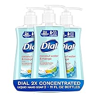 Dial 2X Concentrated Liquid Hand Soap, Coconut Water & Mango, 11 Fluid Ounces, Pack of 3