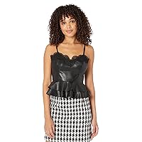BCBGMAXAZRIA Women's Fitted Peplum Faux Leather Top V Neck Lace Trim Tiered Ruffle Hem Exposed Zipper Shirt