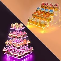 4 Tier Acrylic Display Cupcake Stand for Pastry + LED Light String – Ideal for Weddings, Birthday (Pink Light)+4 Tier Shelf Cupcake Stand (Yellow Light)