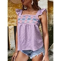 Women's Tops Sexy Tops for Women Shirts Gingham Print Geo Embroidery Ruffle Trim Top Shirts (Color : Lilac Purple, Size : X-Small)