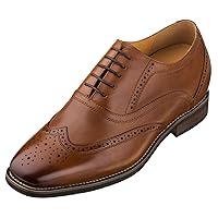 CALTO Men's Invisible Height Increasing Elevator Shoes - Dark Brown Leather Lace-up Brogue Wing-tip Oxfords - 2.6 Inches Taller - G60101
