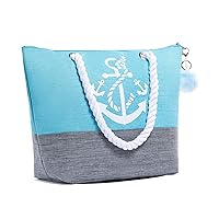 Waterproof Large Tote Beach Bag For Women Top Zipper Closure Cotton Handles with Pompom