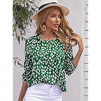 Women's Tops Women's Tops and Blouses Allover Print Round Neck Blouse Women's Tops Casual JCAMZ (Color : Green, Size : 0XL)