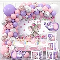 130 Pcs Elephant Baby Shower Decorations for Girl, Pink Purple Balloon Garland Arch,Boxes with Letters, Backdrop,Tablecloth,Elephant Girl Baby Shower Decorations Birthday Party Supplies