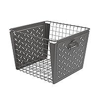 Spectrum Diversified Macklin, Stamped Steel & Wire Basket for Closet & Cubby Storage Vintage-Inspired Design with Customizable Label Plate, Large, Gray