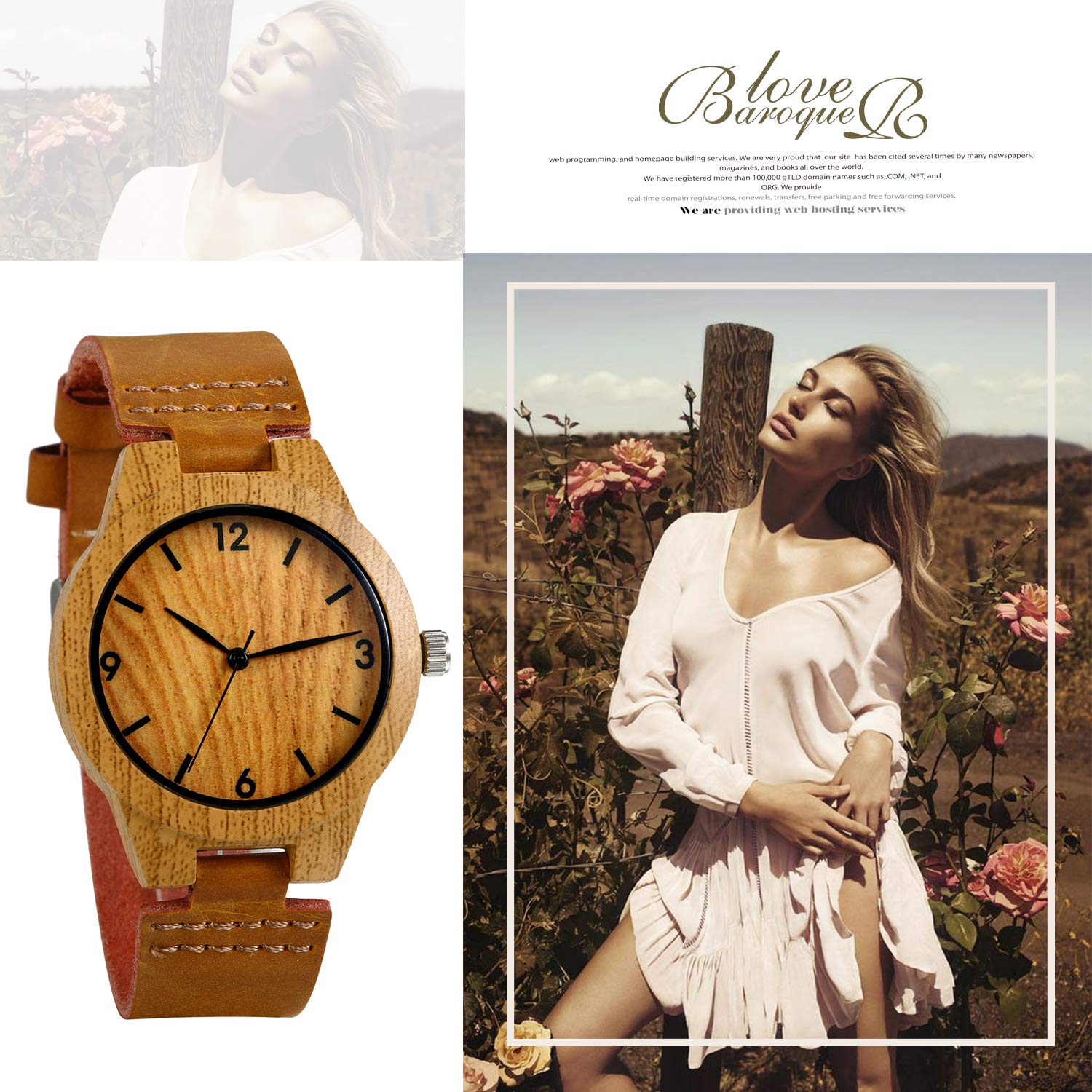 JewelryWe Frauen Uhren Runde Holz Muster Zifferblatt Quarzuhr Echtes Leder Armband Armbanduhr Casual Dressing Uhr