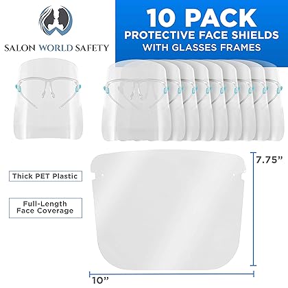 TCP Global Salon World Safety Face Shields with Glasses Frames (Pack of 10) - Ultra Clear Protective Full Face Shields