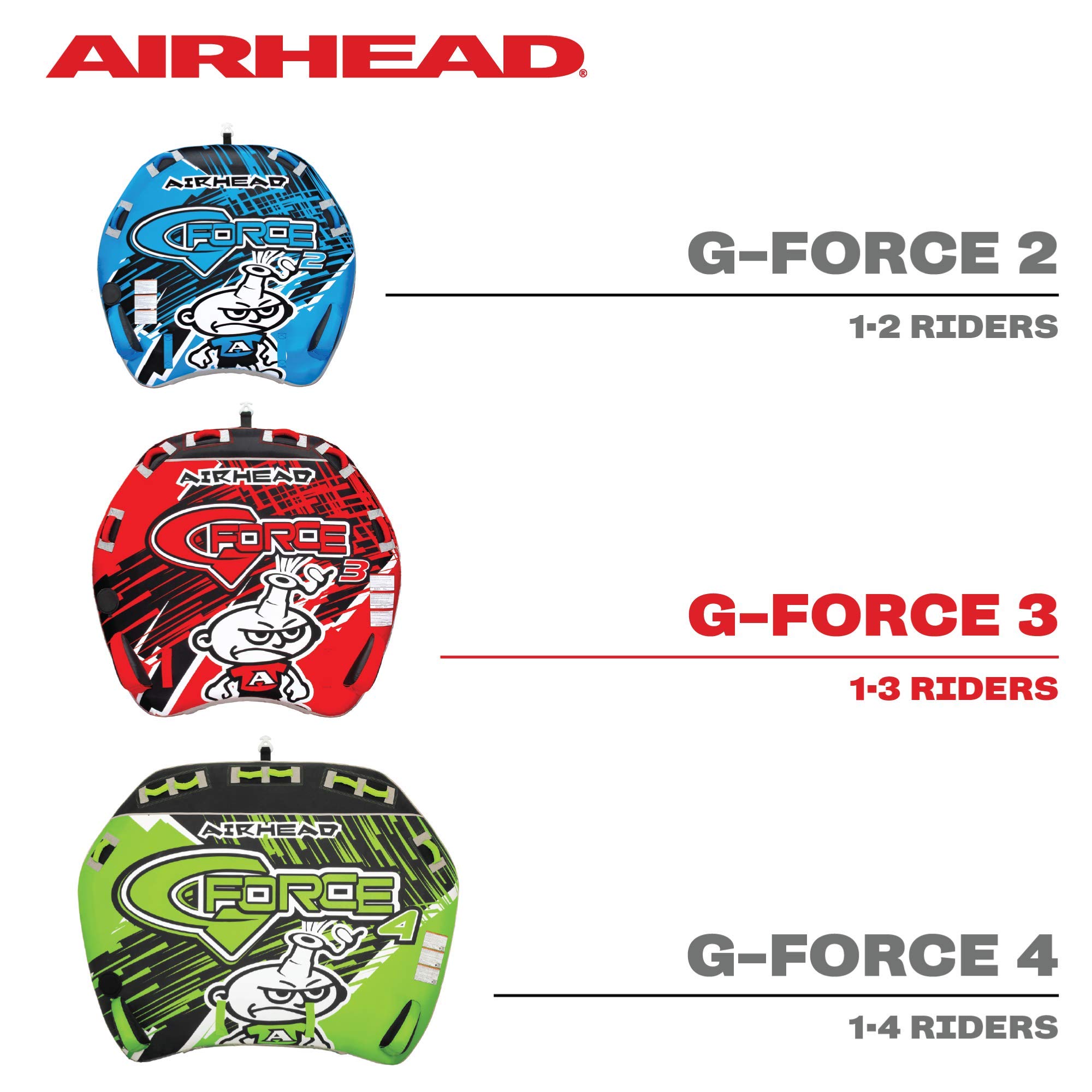 AirHead G-Force 3 Towable 1-3 Rider Tube for Boating and Water Sports, Heavy Duty Full Nylon Cover with Zipper, EVA Foam Pads, and Patented Speed Safety Valve for Easy Inflating & Deflating,Red