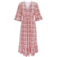 Casual Midi Dress Summer Work Dress Ladies Dress Casual Print V Neck High Waist Maxi Dress A Line Long Dress