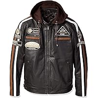 LP-FACON Mens Vintage Motorcycle Patches Retro Stripes Cafe Racer Biker Leather Jacket | Detachable Hood