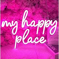 Pink My Happy Place LED Neon Light Sign USB Girls Babys Bedroom Living Room Kitchen Wall Decor Sign Wedding Birthday Party Sign Christmas Gifts 15.8