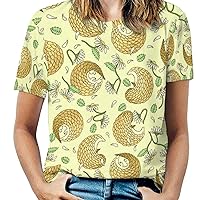 Pangolins and Flowers Pattern Women's Print Shirt Summer Tops Short Sleeve Crewneck Graphic T-Shirt Blouses Tunic