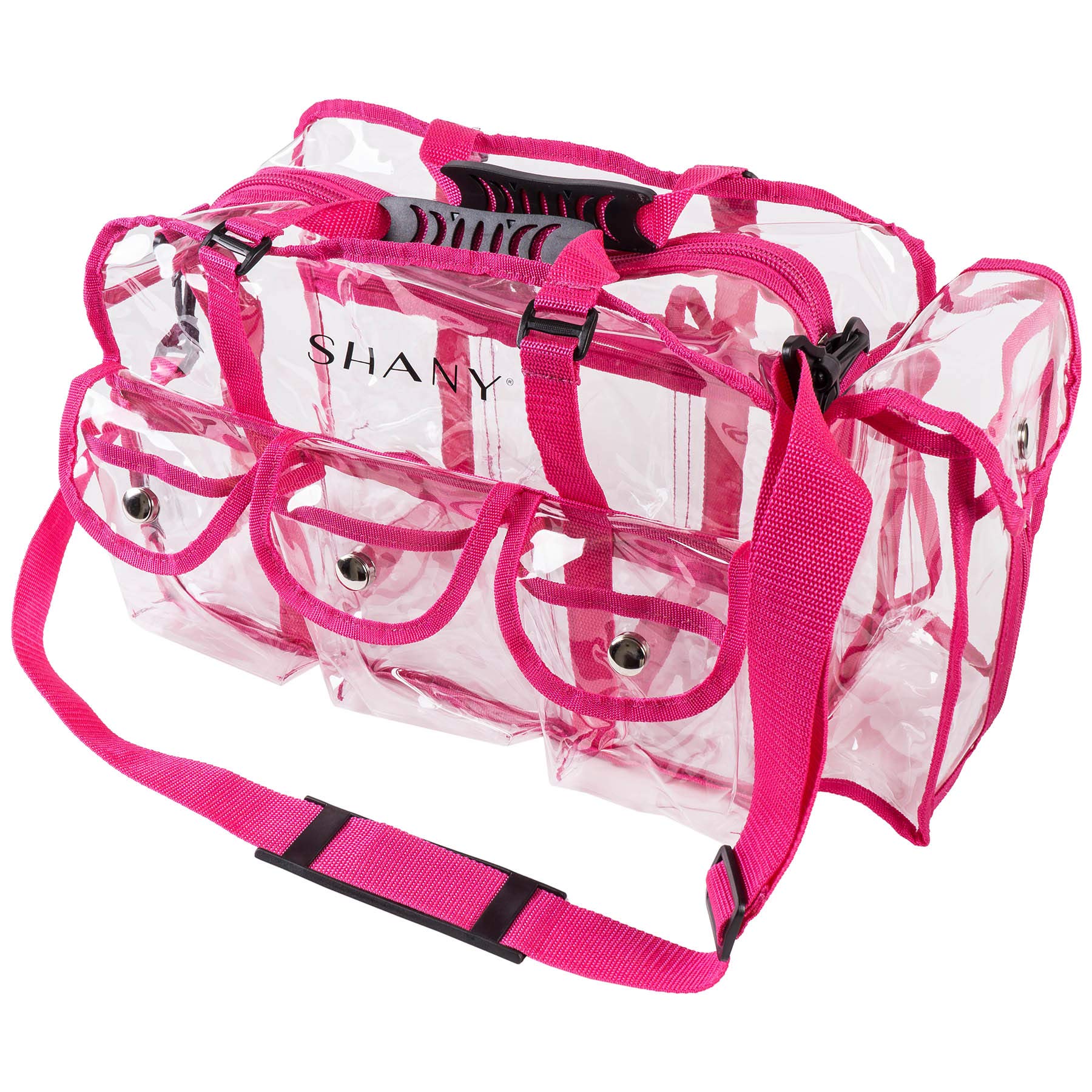 SHANY Clear PVC Makeup Bag - Large Professional Makeup Artist Rectangular Tote with Shoulder Strap and 5 External Pockets - PINK