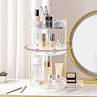 360 Rotating Makeup Organizer, Large Capacity Perfume Organizer for Dresser, Bathroom Counter Organizer with Makeup Brush Holder, Fits Vanity, Bedroom, Bathroom Countertop (3 Tiers, White)