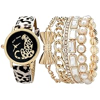 Betsey Johnson Women's Watch Set - Vegan Leather Strapped Wristwatch with Bracelets