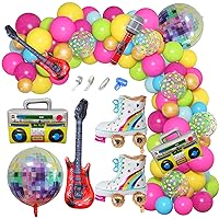 Amandir 90s 80s Theme Party Decorations, 90Pcs Balloon Arch Kit 6PCS Inflatable Retro Disco Ball Microphone Rainbow Roller Skate Boom Box Guitar Balloon for Back to 90s 80s Hip Hop Birthday Supplies