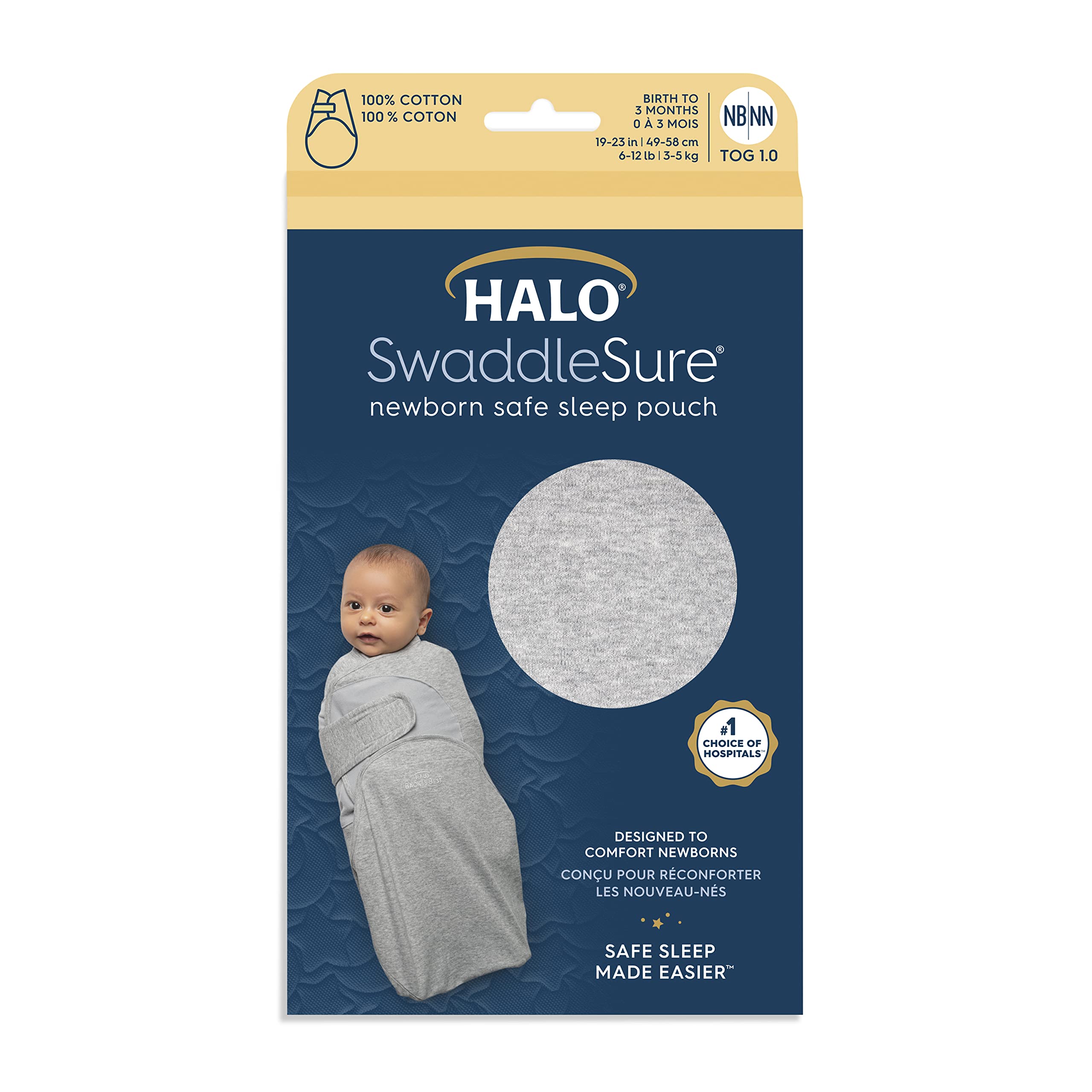 HALO SwaddleSure Adjustable Swaddling Pouch, 100% Cotton, TOG 1.0, Heather Grey, Newborn, 0-3 Months