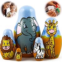 African Animals Set 5 Piece Wood Nesting Dolls - Safari Figurine Set Wooden Matryoshka