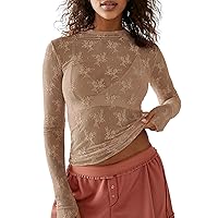 Women's Mesh Tops Sexy Long Sleeve Mock Neck Sheer Blouse Lace Floral See Through Layering Top