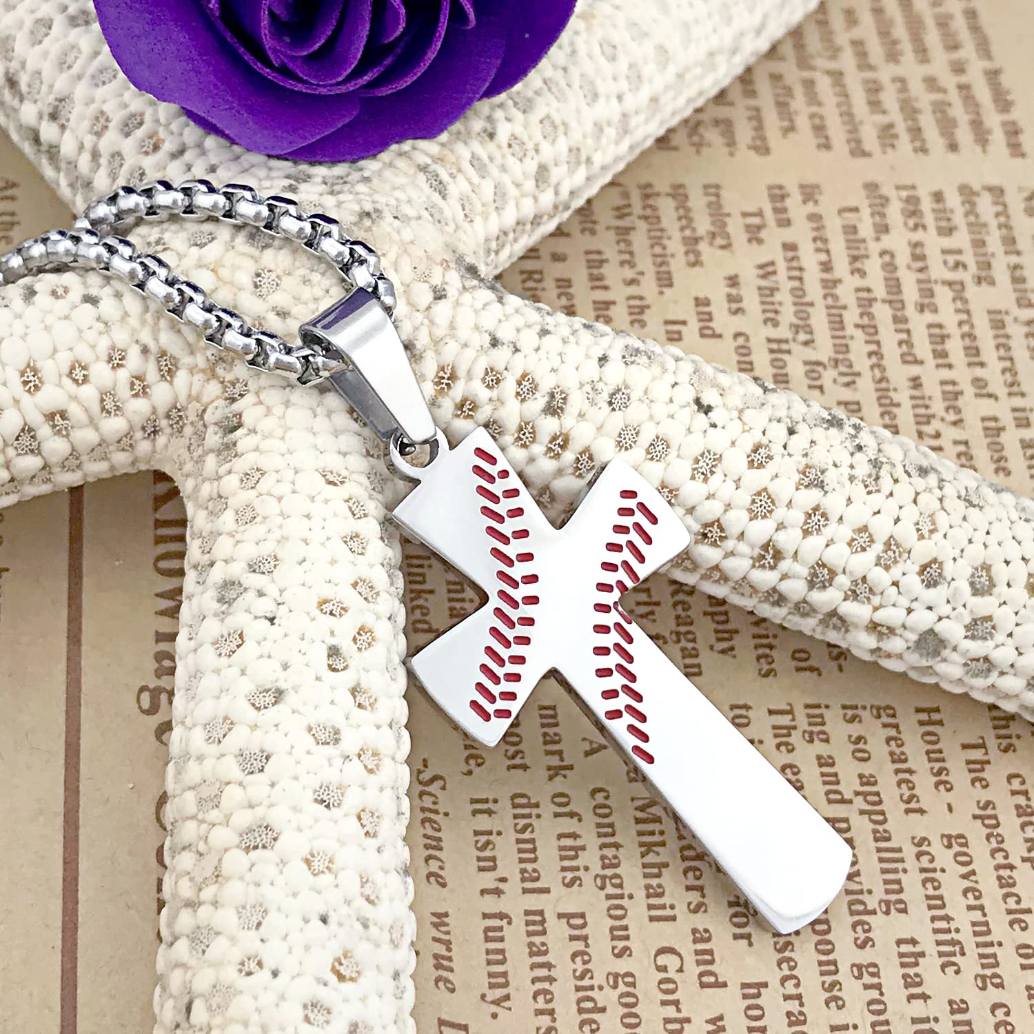 Cross Necklace for Boys Baseball Pendant I CAN DO ALL THINGS STRENGTH Bible Verse Stainless Steel Necklace