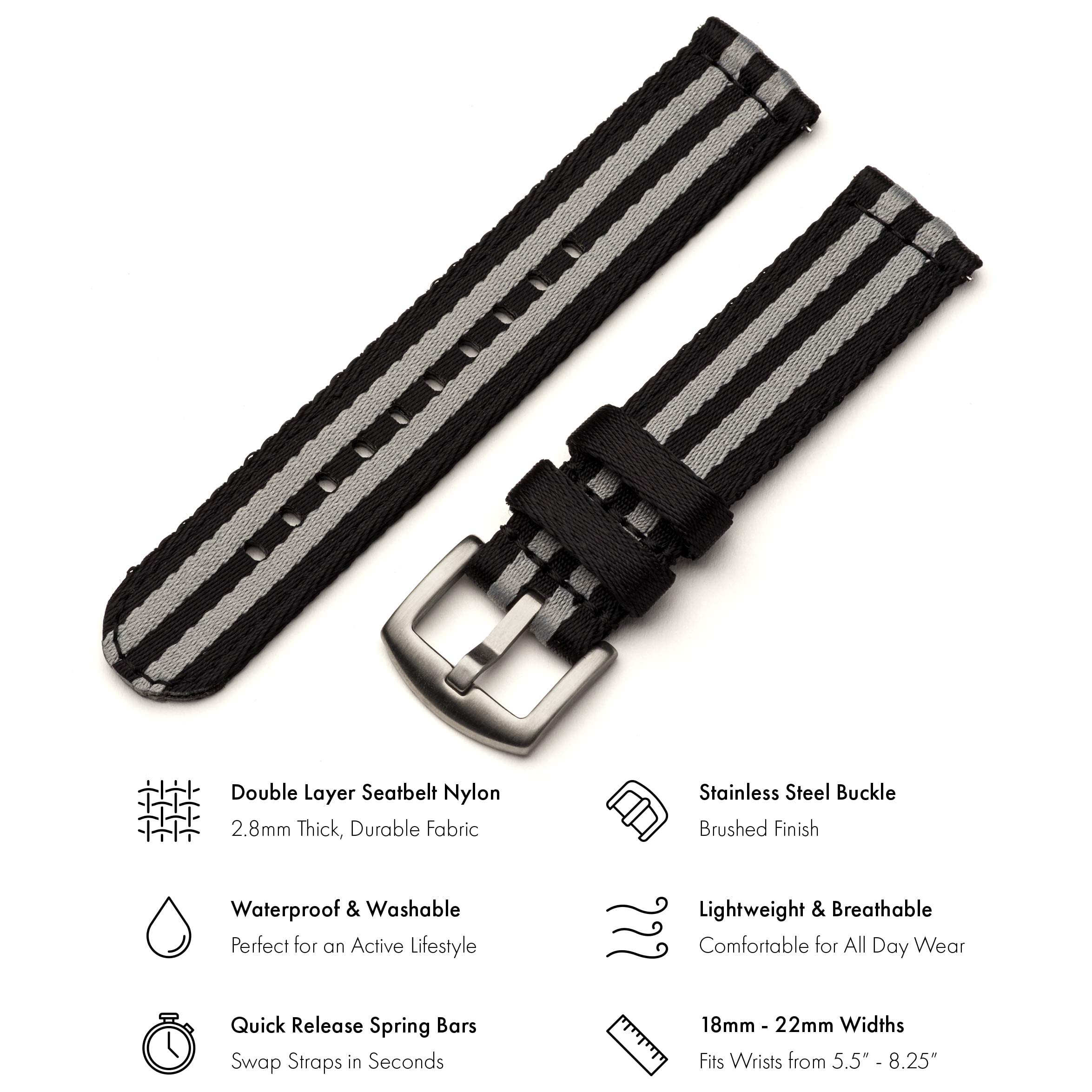 Benchmark Basics Quick Release Watch Band - Premium Waterproof Seatbelt Nylon Watch Straps for Men and Women - Compatible with Regular & Smart Watches - Choice of Color & Width - 18mm, 20mm or 22mm
